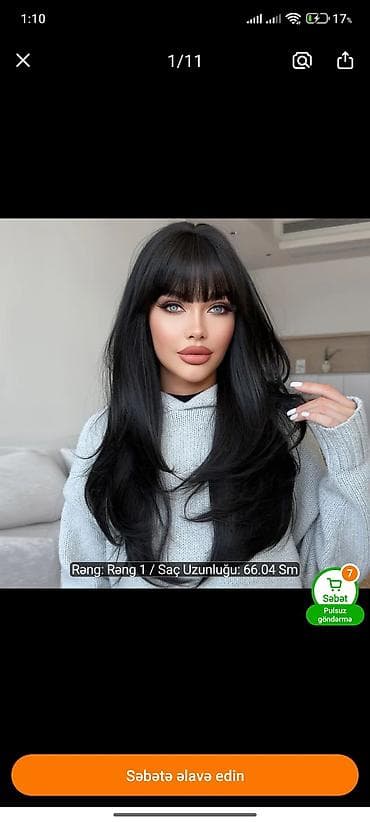 Qısa çəngəli qüllü peruka – düz, sıx qara saçla - Model: Düz uzun