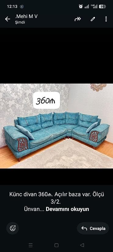 Künc divan 360₼. Açılır baza var. Ölçü 3/2. Ünvan Sumqayıt 9mk(1637)