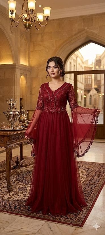 ereb qizili instagram: Bordo rəngli zərif ziyafət/libas - Model: uzun, yerə qədər ətəkli — 1