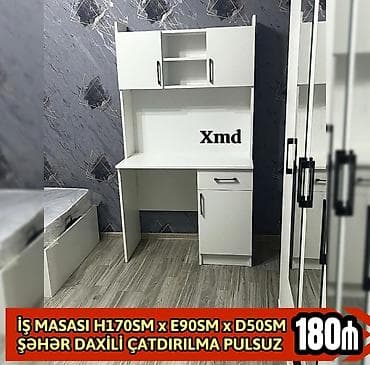 Ağ rəngdə funksional iş masası və üst modul: - Ölçülər: H170 sm x E90