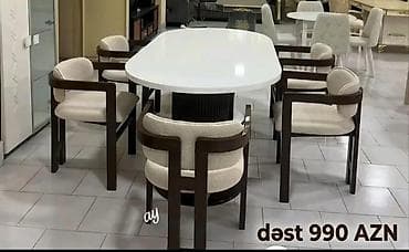 fırlanan stul: Ağ oval masa və 6 ədəd stuldan ibarət yemək otağı dəsti. - Masa — 1