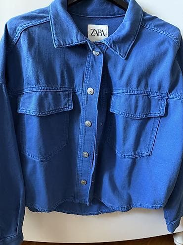 uzun bot: ZARA markalı mavi denim köynək/gödəkçə. - Klassik yaxalı dizayn - Ön — 1