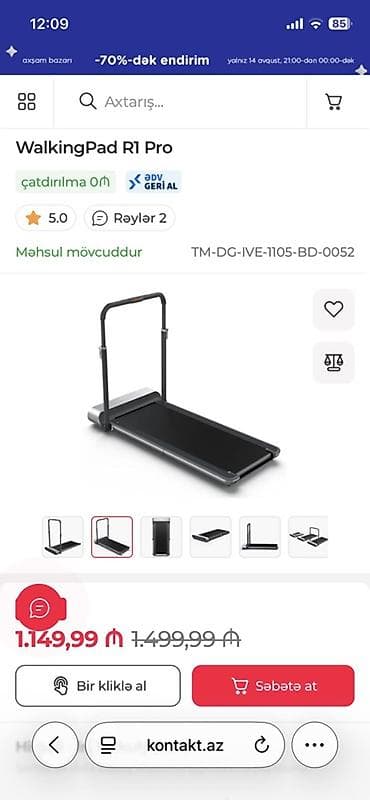 walking pad: WalkingPad R1 Pro qaçış/yürüş trenajoru
Teze kimidi 400 — 1