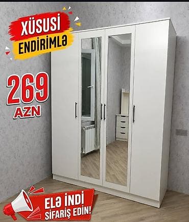 kitab rəfi: Ağ rəngdə, müasir dizaynlı 4 qapılı paltar şkafı. Orta hissədə 2 tam — 1