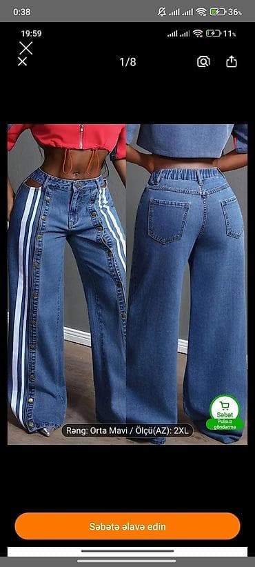 Alt paltarı: Qadınlar üçün geniş kəsimli denim şalvar - Rəng: Orta mavi - Ölçü — 1