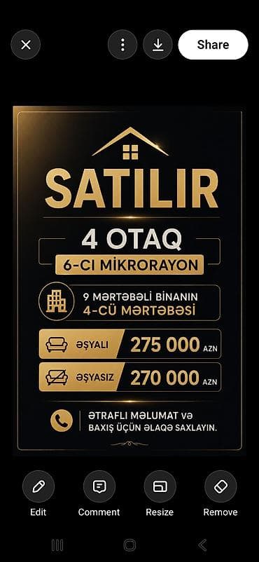 ev ucuz: Satılır: 4 otaqlı mənzil - Yer: 6-cı mikrorayon - Bina: 9 mərtəbəli — 2