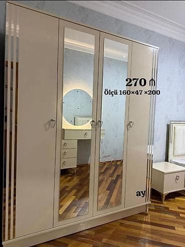 4 qapılı, Güzgülü, Bej, Açılan, Düz dolab