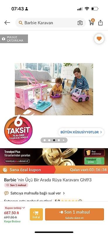 online oyuncaq satisi: Orgınal barbıe karavan,540manata alınıb,tezedır — 6