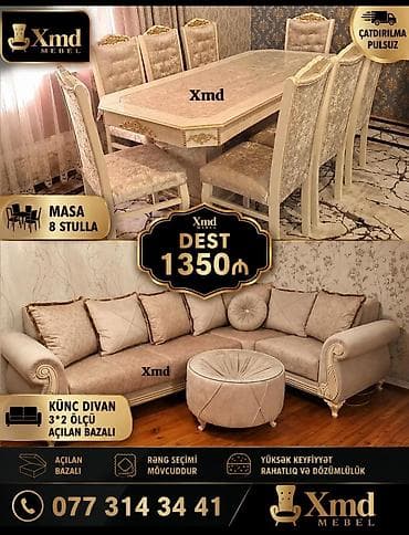 dəmir divanlar: Xmd Mebel dəsti - Yemək otağı üçün masa və 8 stul - Künc divan: 3×2 — 1