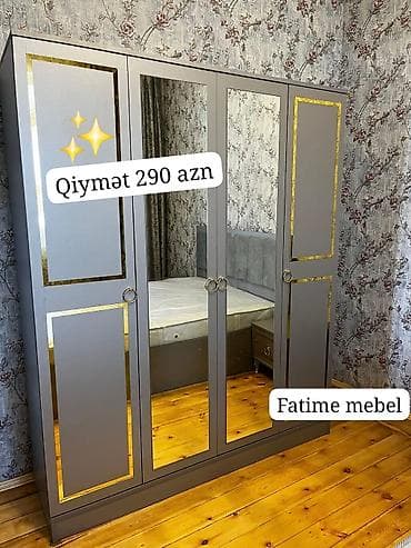qapi taxda: Dolab – 4 qapılı, güzgülü, boz rəngdə, qızılı dekor xətləri ilə. - — 1