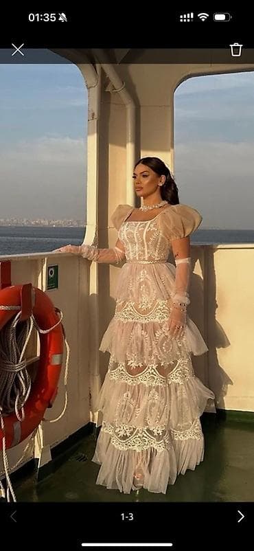 Zərif tül və krujeva işləməli uzun ziyafət geyimi/ gəlinlik Həm