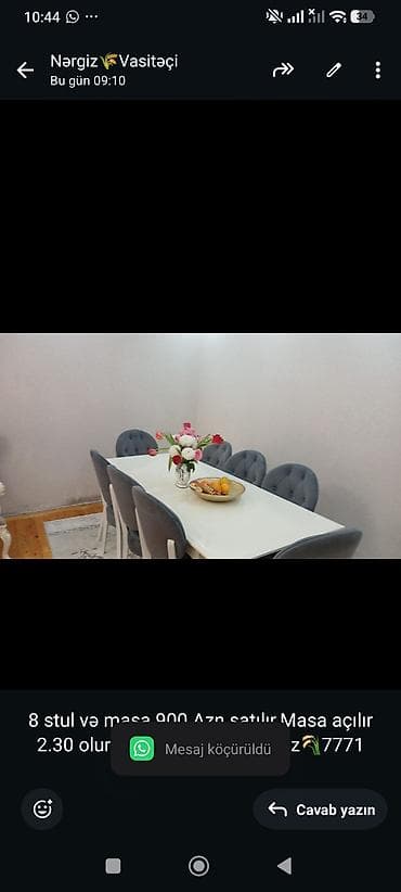 8 stul və masa 900 Azn satılır.Masa açılır 2.30 olur.Ünvan