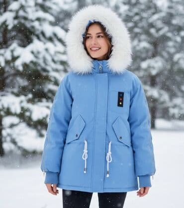 Cinslər və şalvarlar: Uşaq üçün qış parkası – açıq mavi rəngdə - İsti kapüşonlu, kənarı süni — 1