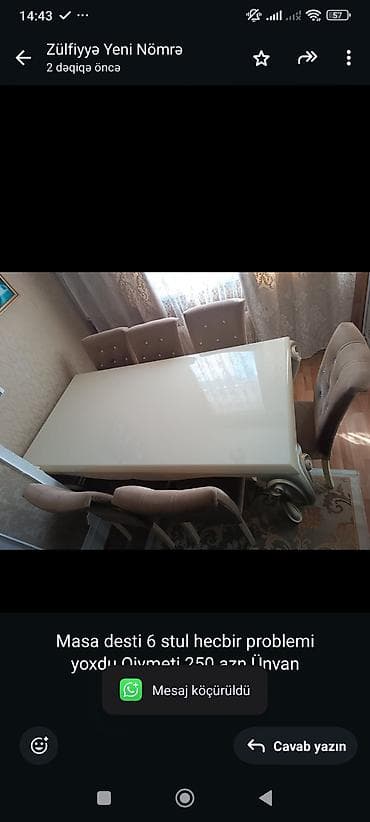 Masa desti 6 stul hecbir problemi yoxdu.Qiymeti 250 azn.Ünvan — 1