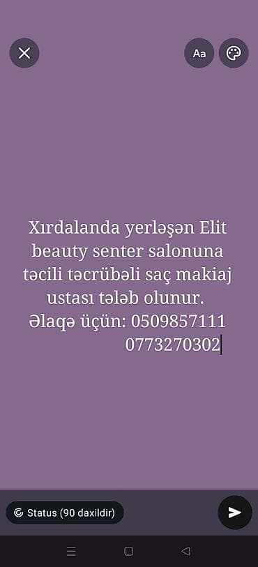 Xırdalanda Elit beauty salonuna saç makiaj ustası tələb olunur. Ünvan