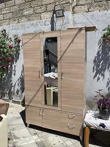3 qapılı, Güzgülü, Digər rəng, Taxta, Açılan, Düz dolab