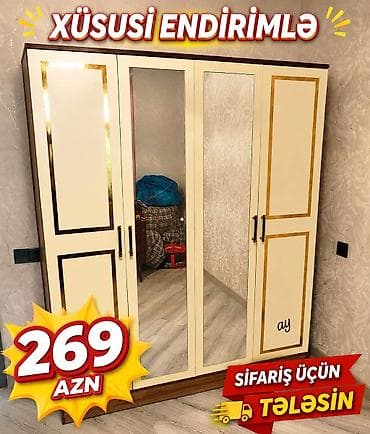 Dörd qapılı paltar şkafı - İki orta qapıda tam boy güzgü - Krem rəngli