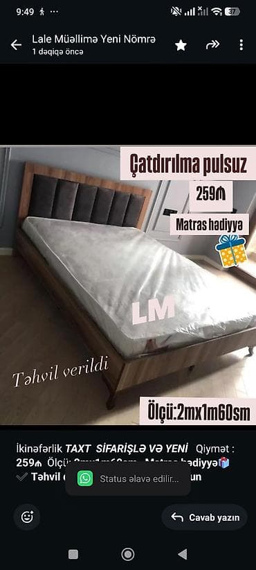 Мебель на заказ: İkinəfərlik _*TAXT*_ _*SİFARİŞLƏ VƏ YENİ*_ Qiymət : *259₼* Ölçü — 1