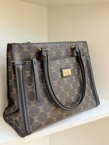 qadın çantalar: Qadın əl çantası – klassik dizaynlı, qəhvəyi tonlarda monoqram naxışlı — 1