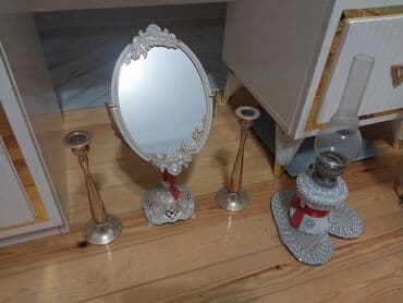 Sandıqlar: Retro dekor dəsti - Oval masa güzgüsü: İncə oyma naxışlı, gümüşü — 2