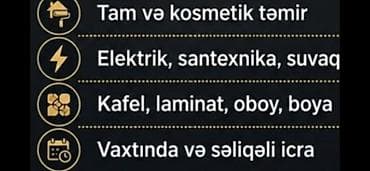 Tam və kosmetik təmir xidməti - Elektrik, santexnika və suvaq işləri
