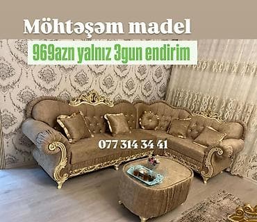 Klassik üslubda künc divan dəsti - Zərif qızılı oyma detalları və