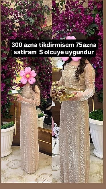 bez parca: Zərif, pudra-bej rəngli, tam uzun, əl işləri ilə bəzədilmiş — 1