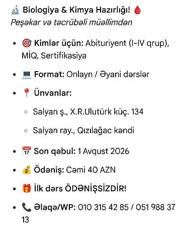 Biologiya və Kimya Hazırlığı Peşəkar və təcrübəli müəllimdən lalafo.az -da Biologiya və Kimya Hazırlığı Peşəkar və təcrübəli müəllimdən