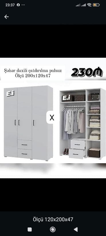 3 qapılı paltar dolabı – ağ rəng - Ölçü: 200 x 120 x 47 sm (şəkildə — 1