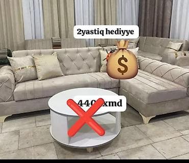 kunc divanlar kreditle: Künc divan dəsti – zərif bej rəngli, yumşaq məxməri toxuma ilə — 1
