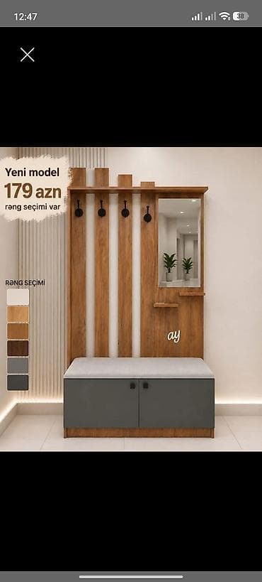 Dəhliz üçün çoxfunksiyalı asılqan və oturacaqlı şkaf dəsti. - Yeni
