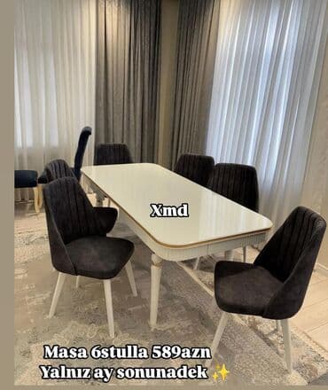 Mətbəx üçün, Yeni, Açılmayan, Dördbucaq masa, 6 stul