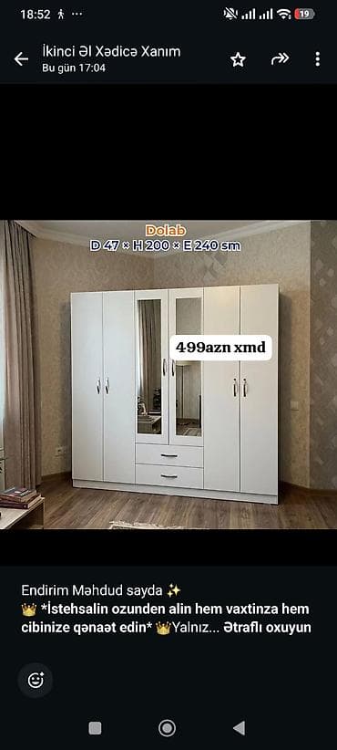 tibbi ref: Dolab – 6 qapılı, güzgülü model Ölçülər: Dərinlik 47 sm × Hündürlük — 1