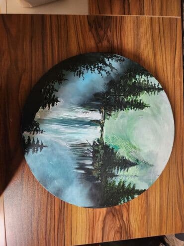 suya aid şəkillər: Dairəvi kətan üzərində əl işi peyzaj tablo - Texnika: akril boya - — 2