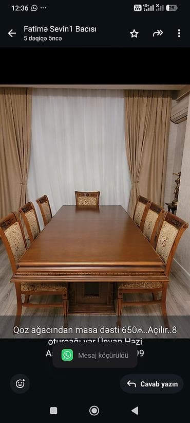 lepe: Qoz ağacından masa dəsti 650₼. Açılır. 8 oturcağı var.Ünvan Həzi — 1