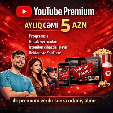 samsung galaxy a10 ekran təmiri: YouTube Premium xidməti Aylıq cəmi 5 AZN Xüsusiyyətlər: - Proqramsız — 1