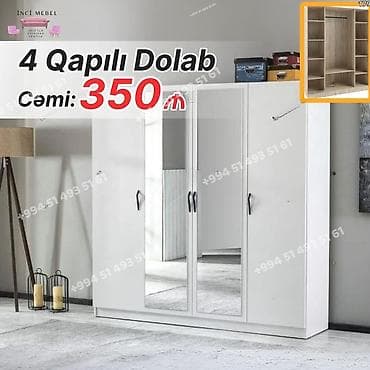 Yeni, 4 qapılı, Güzgülü, Ağ, Digər material, Açılan, Düz dolab — 1