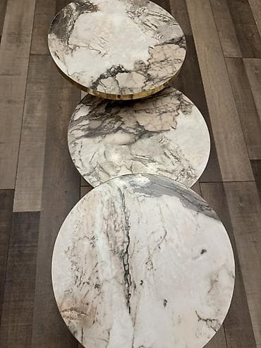 mermer masalar: Mərmər dekorlu 3-lü yan masa dəsti - Dəst: 3 ədəd dairəvi yan/servis — 3
