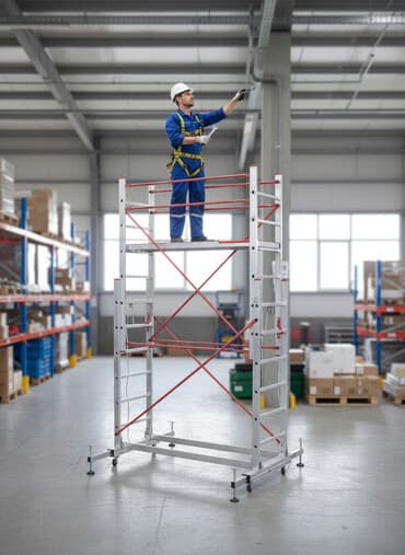 iskələ: Bu teleskopik iskele, müxtəlif hündürlüklərdə işləmək üçün ideal — 1