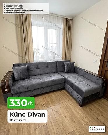 Диваны: Künc Divan – 240×150 sm - L‑şəkilli, müasir dizaynlı künc divan - — 1