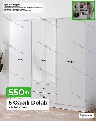6 qapılı paltar dolabı – 47×200×240 sm - Rəng seçimi: mümkündür -