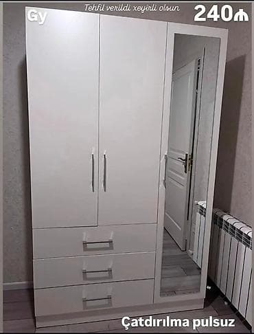 dolab ucuz: Ağ rəngli üçqapılı paltar dolabı - Sağ tərəfdə tam hündürlükdə güzgü - — 1