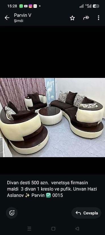 Divan desti 500 azn. venetsya firmasin maldi 3 divan 1 kreslo ve