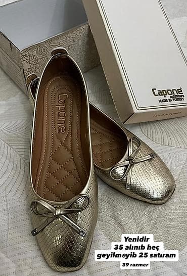Capone qadın baletkaları – Made in Turkey. • Rəng: qızılı, ilan dərisi