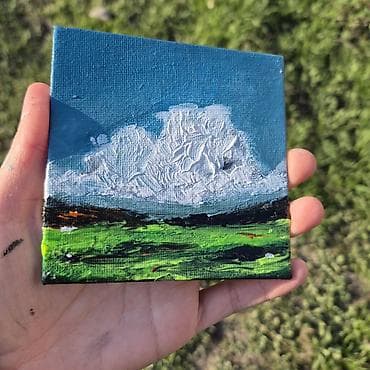 dekor divar sekilleri: Mini akril boya tablo – “Buludlu çəmənlik” motivi - Texnika: akril — 5