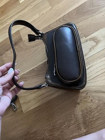 Geyimlər: Qadın üçün zərif çiyin/əl çantası – qəhvəyi rəngdə, hamar dəri — 1