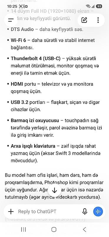 notebook core 2: Acer Swift 3 ultrabook Xüsusiyyətlər: - 14" Full HD (1920×1080) ekran — 4