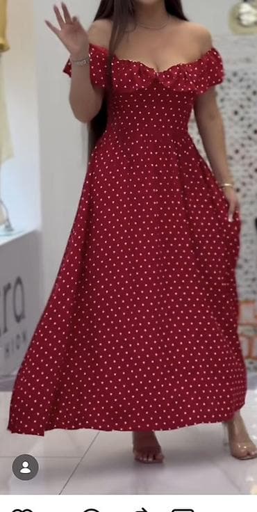 is geyimi: Qırmızı rəngli, xırda ağ xallı maxi don. Model: off-shoulder (çiyinlər — 1