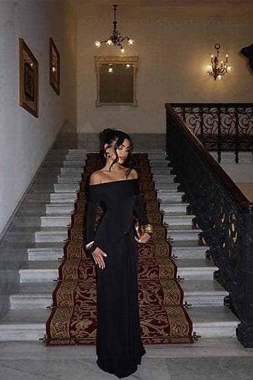 Qadın geyimləri: Qadın gecə libası – off-shoulder, uzun - Rəng: qara - Fason — 4