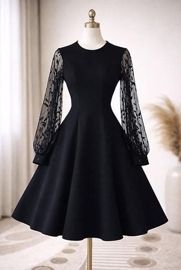 hicab geyimleri 2018: Qara A-kəsimli don – şifon naxışlı transparan qol detalı - Rəng — 1